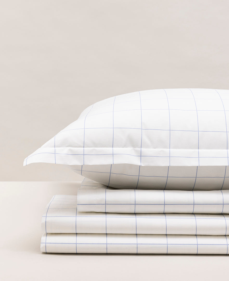 Parure de lit imprimée percale Carreaux bleu azur