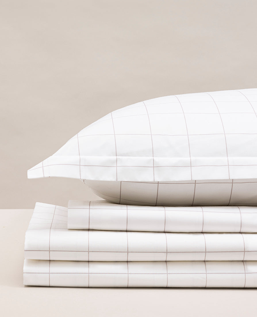 Parure de lit imprimée percale Carreaux greige