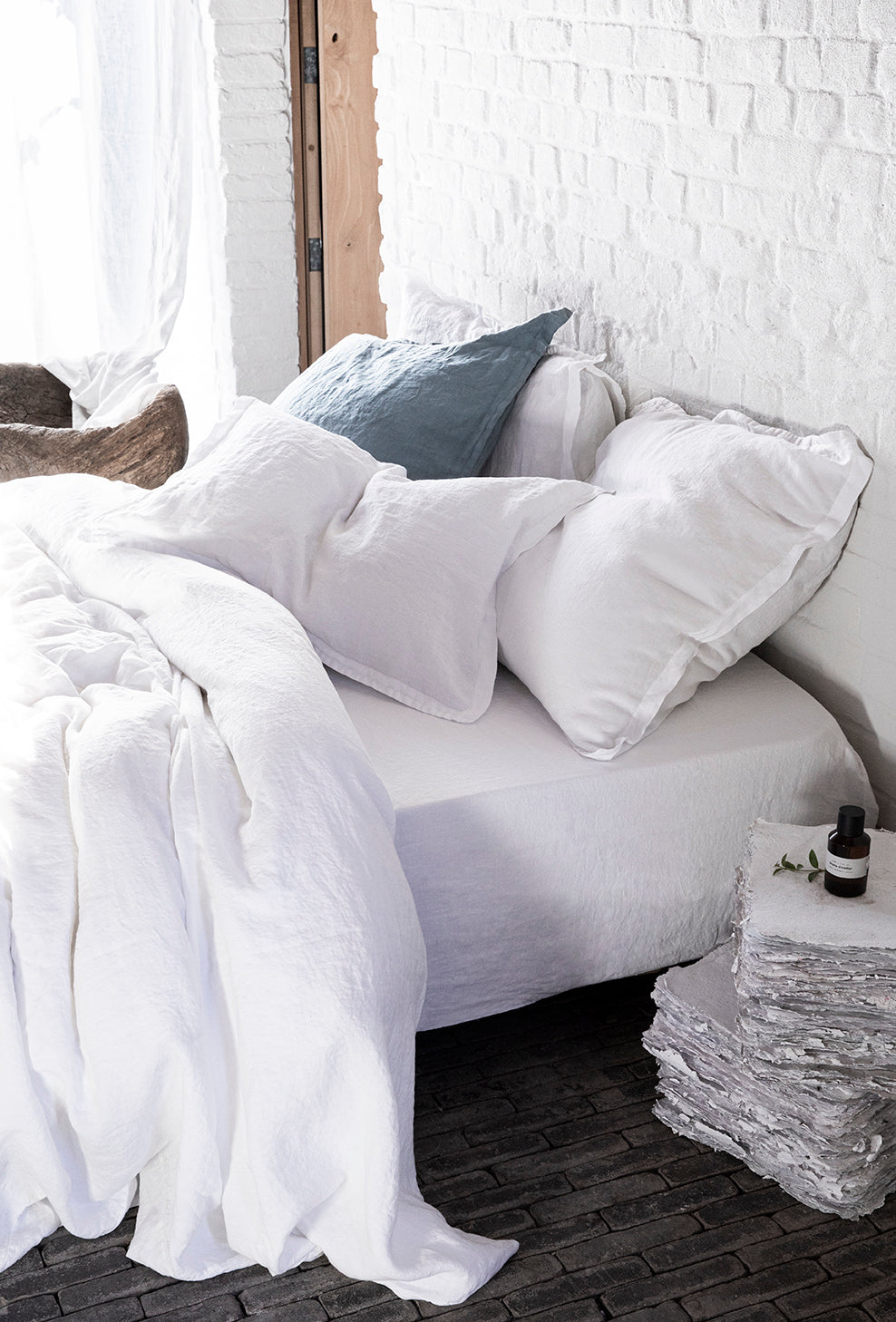 Drap housse lin lavé bonnet 40 cm Blanc pur