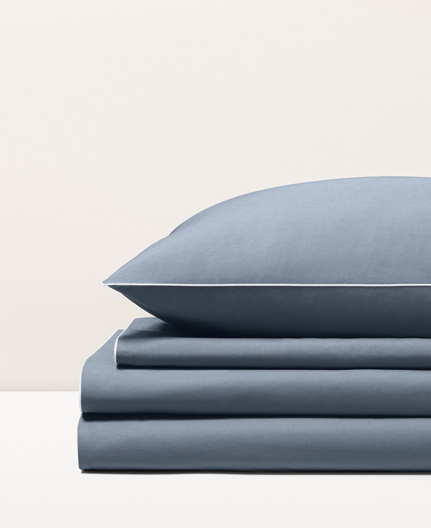 Parure de lit percale passepoil Bleu denim passepoil blanc