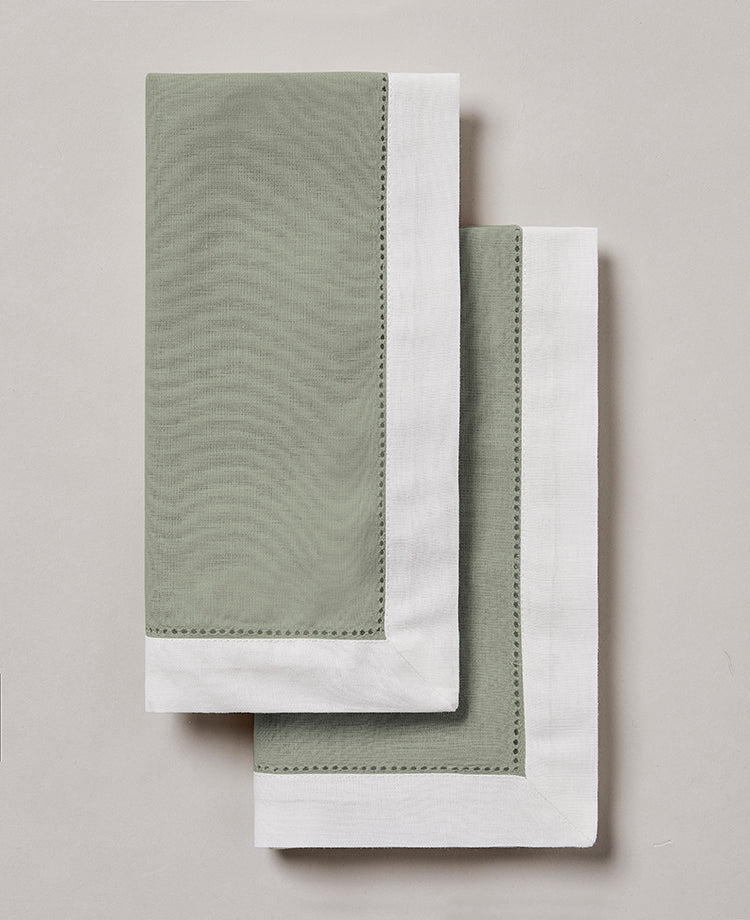 Set de 2 serviettes de table en lin lavé et coton Vert sauge / blanc
