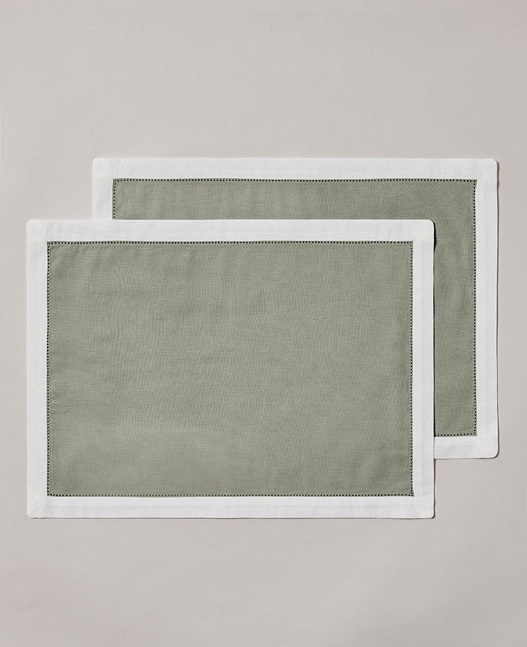 Set de 2 sets de table en lin lavé et coton Vert sauge / blanc