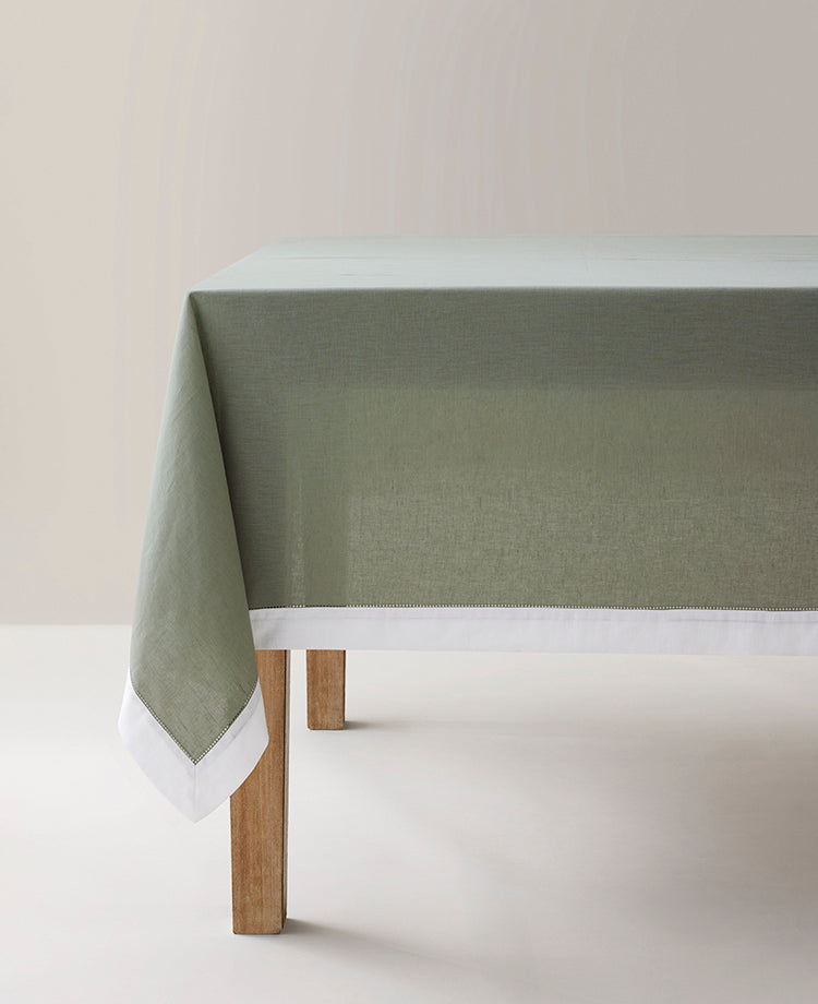 Nappe en lin lavé et coton Vert sauge / blanc
