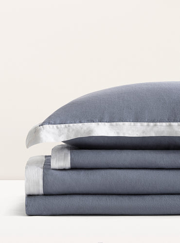 Parure de lit lin lavé français bicolore Bicolore bleu turquin