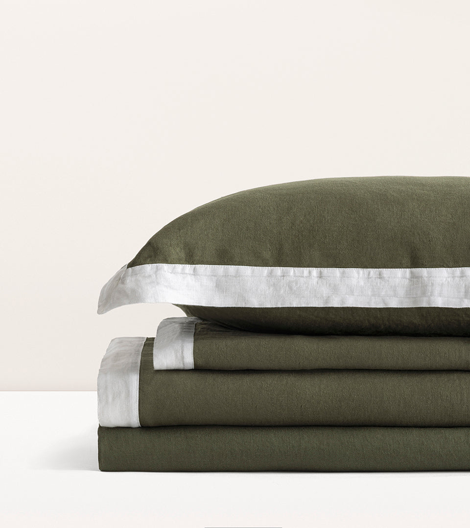 Parure de lit lin lavé français bicolore Bicolore kaki