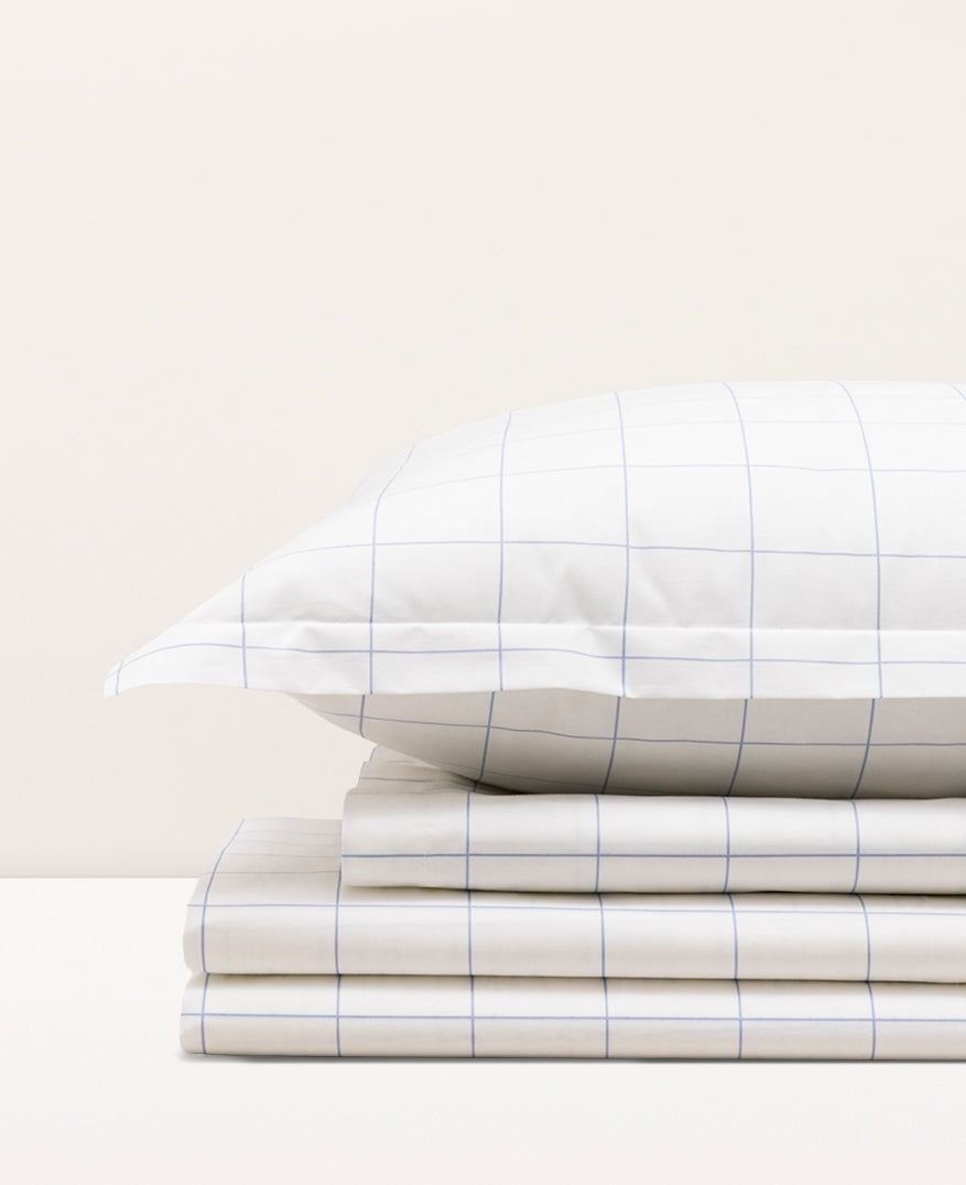 Parure de lit percale imprimée Carreaux bleu azur