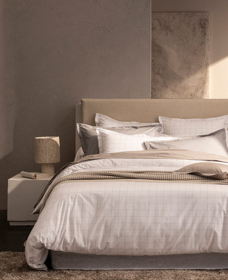 Parure de lit percale imprimée Carreaux greige