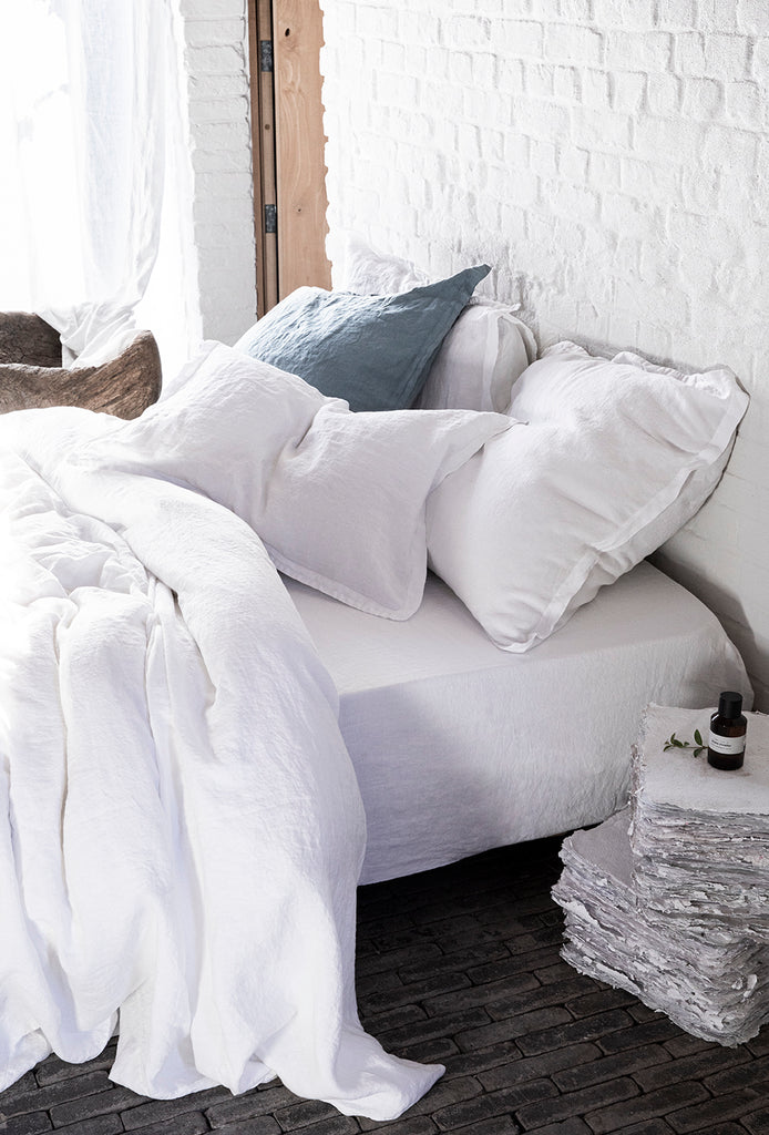 Drap housse lin lavé Blanc pur