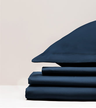Parure de lit satin unie Bleu minuit