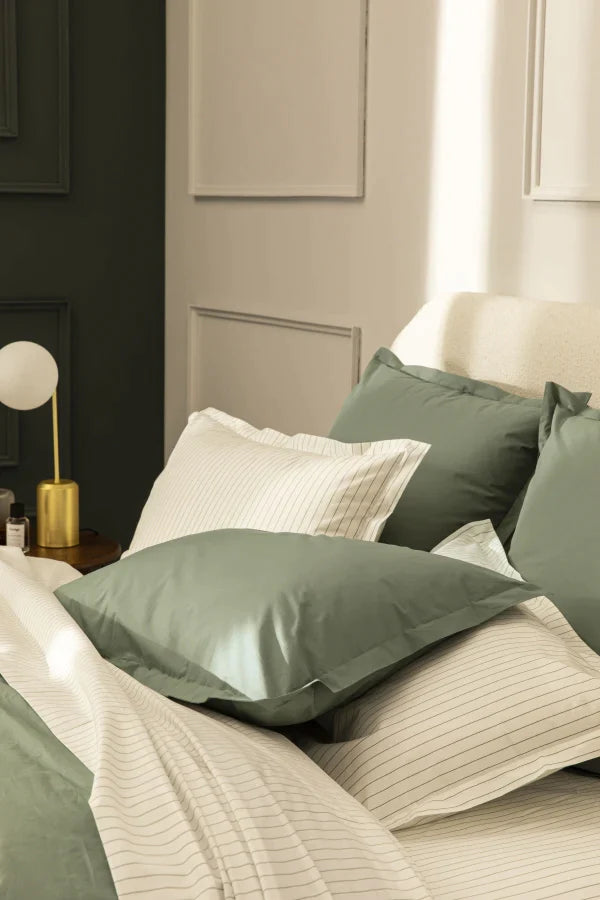 Set de 2 taies d'oreiller percale imprimé Rayé vert cendré